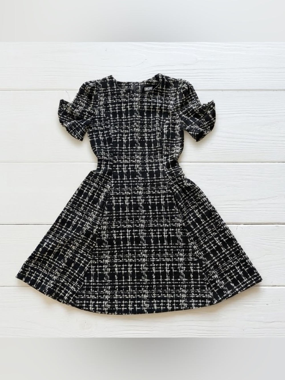 DKNY Black & Ivory Tweed Look Flounce Sleeve Fit and Flare Dress Size 4 Like New